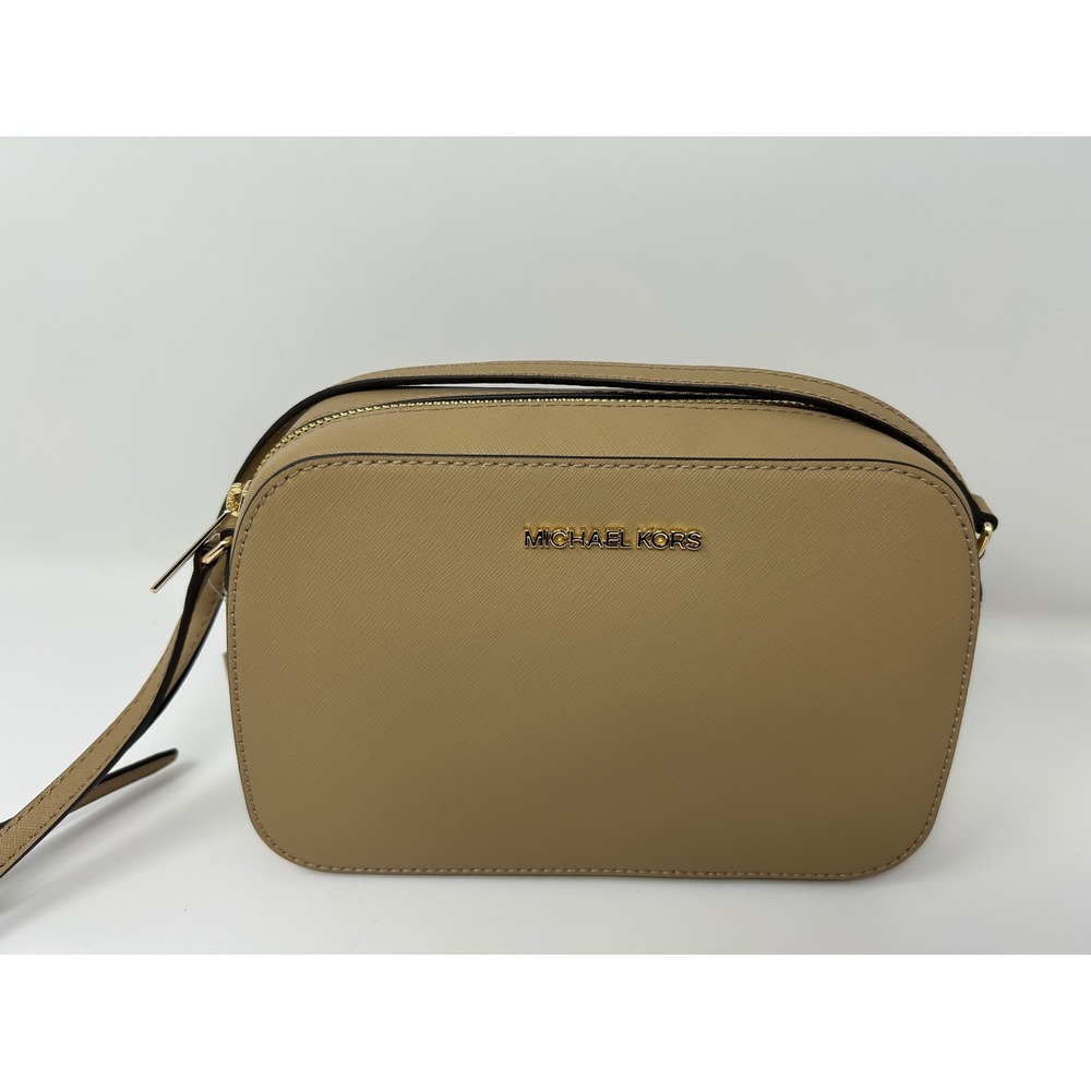 Michael Kors Womens Houston Large Zip Crossbody Bag Camel Saffiano Leather New
